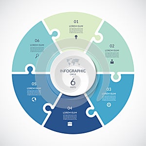 Vector infographic puzzle circular template. Cycle diagram with 6 parts, options.