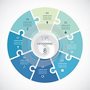 Vector infographic puzzle circular template. Cycle diagram with 8 parts, options.