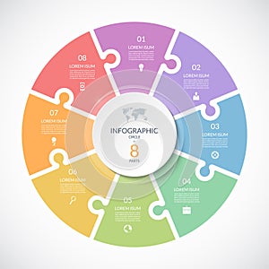 Vector infographic puzzle circular template. Cycle diagram with 8 parts, options. photo