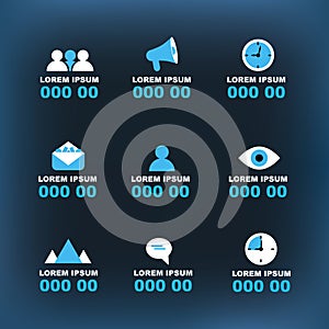 Vector infographic social icons with headings and numbers in white and blue colors on the dark blue background