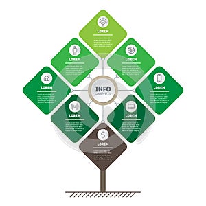 Vector infographic of technology or education process with 8 points. Web Template of tree, info chart or diagram. Vertical eco