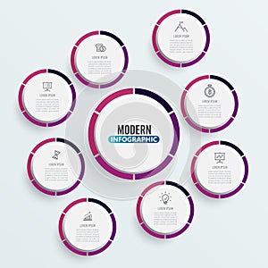 Vector infographic template with 3D paper label, circles. Business concept with 8 options. For content, diagram, flowchart, steps