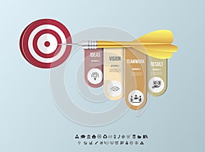 Vector infographic template. Business target marketing dart idea for presentation, graph, diagram. Options, parts, steps