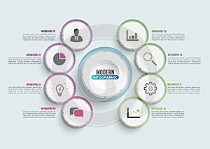 Vector infographic template with 3D paper label  integrated circles. Business concept with 8 options. For content  diagram