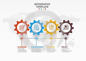 Vector infographic template with gears and world map