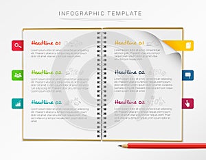 Vector infographic template with notebook and six colorful marks isolated on white background