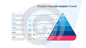 Vector infographic template in the shape of triangle, pyramid divided by 6 parts