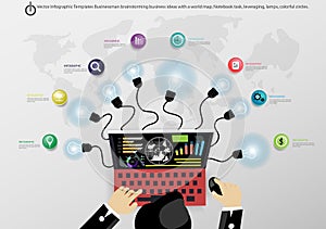 Vector Infographic Templates Businessman brainstorming business ideas with lamps, colorful circles.