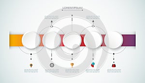 Vector infographic timeline with 3D paper label, integrated circles background