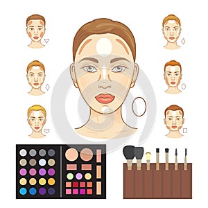 Vector infographic of woman faces highlighting makeup trend - strobing. Faces with different highlighted zones for