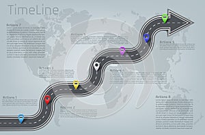 Vector infographic world map, road timeline layout