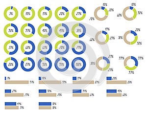 vector infographics: pie charts 5%, 10%, 15%, 20%, 25%, 30%, 35%, 40%, 45%, 50%, 55%, 60%, 65%, 70%, 75%, 80%, 85%, 90%, 95%, 100