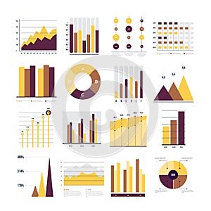 Vector infographics. Set of financial and marketing charts. Round and with percentages diagrams showing progress and regression.