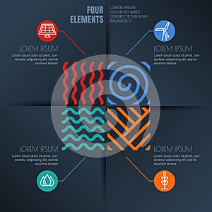 Vector infographics template. Four elements illustration and environmental, ecology icons on black background.