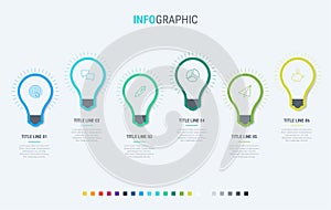 Vector infographics timeline design template with light bulbs elements. Content, schedule, timeline, diagram, workflow, business,