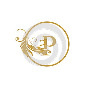Vector Initial p letter luxury beauty flourishes ornament monogram wedding icon logo vintage with circle photo