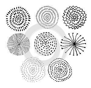 Vector ink circle textures. Abstract fireworks. Collection of hand drawn monochrome textures.