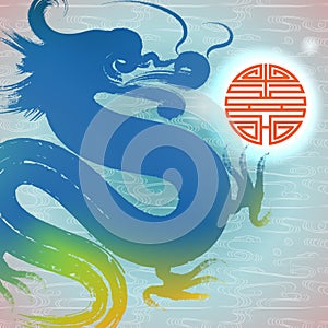 Vector: Ink dragon and auspicious icon on waterlines background