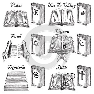 Vector ink hand drawn style world religions holy books set