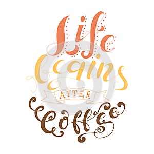 Vector ink lettering. Hand drawn quote. Life begins after coffee