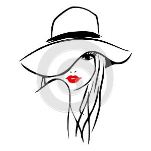 Vector Ink Line Art Lady Wearing Floppy Hat