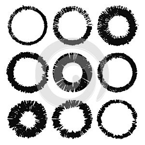 Set of grunge circles. Damage round grunge shape silhouette. Circle distressed grunge texture. Texture Stamp. Vector illustration