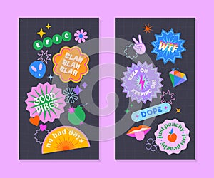 Vector insta story templates with patches and stickers in 90s style