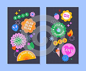 Vector insta story templates with patches and stickers in 90s style