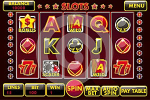 Vector Interface slot machine in black-red colored. Complete menu of graphical user interface and full set of buttons