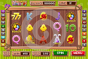 Vector Interface slot machine in cartoon wooden style for Easter holiday. Complete menu of graphical user interface and and full