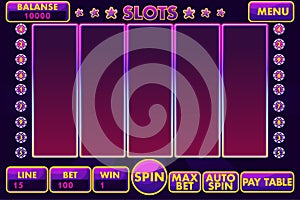 Vector Interface slot machine in purple colored. Complete menu of graphical user interface and full set of buttons for