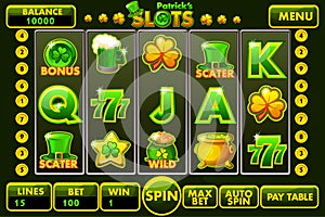 Vector Interface slot machine style St.Patrick s in green colored. Complete menu of graphical user interface and full