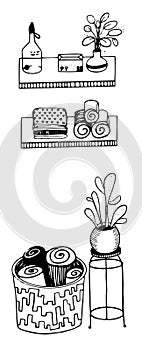 Vector interior with basket with clothes, shelfs and cactus in the pot