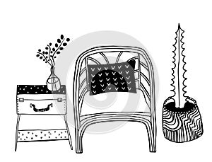Vector interior: sofa with pillow, cactus and table