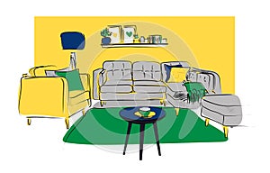 Vector interior design hand drawn illustration. living room furniture. sketch.