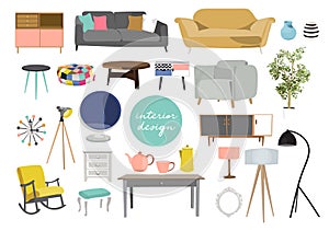 vector interior design illustration. collection set of elements. designer trendy furniture. table chair sofa lamp mirror plant che