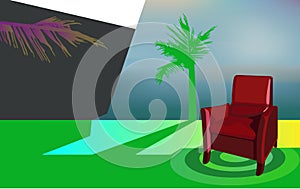 Vector interior with red armchair, red, yellow, green, blue