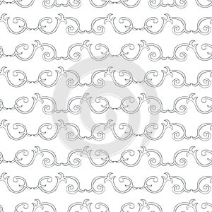 Vector interlinked decorative swirls seamless pattern background. Horizontal rows of ornate curled shapes in baroque