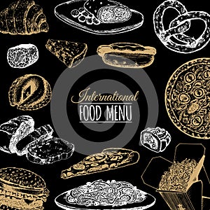 Vector international food menu. Fusion cuisine carte. Vintage hand drawn quick meals collection. Fast-food icons.