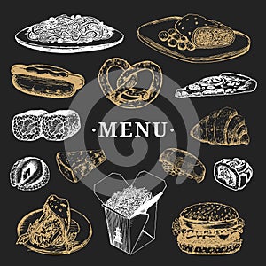 Vector international food menu. Fusion cuisine carte. Vintage hand drawn quick meals collection. Fast-food icons.