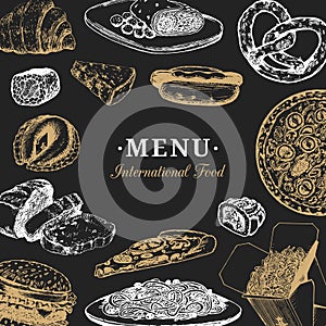 Vector international food menu. Fusion cuisine carte. Vintage hand drawn quick meals collection. Fast-food icons.