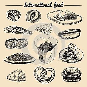 Vector international food menu.Fusion cuisine carte.Vintage hand drawn quick meals collection.Fast-food restaurant icons