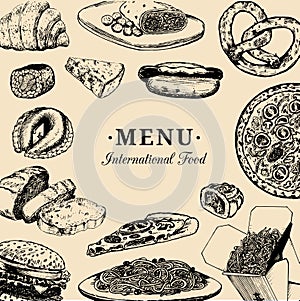 Vector international food menu.Fusion cuisine carte.Vintage hand drawn quick meals collection.Fast-food restaurant icons