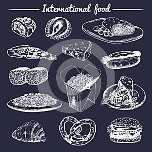 Vector international food menu.Fusion cuisine carte.Vintage hand drawn quick meals collection.Fast-food restaurant icons