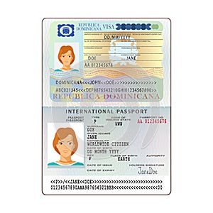 Vector international open passport with Dominicana visa photo