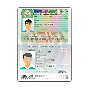 Vector international open passport with Poland visa