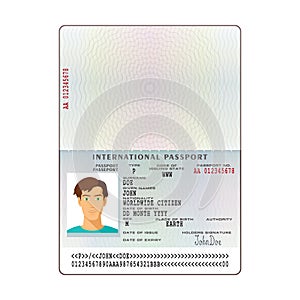 Vector international passport template with sample personal data page