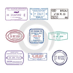 Vector international travel visa stamps for passport set