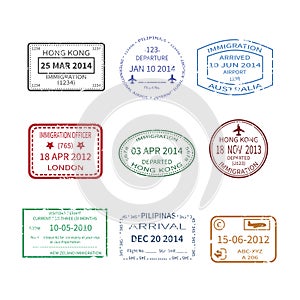 Vector international travel visa stamps set