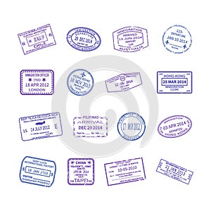 Vector international travel visa stamps set